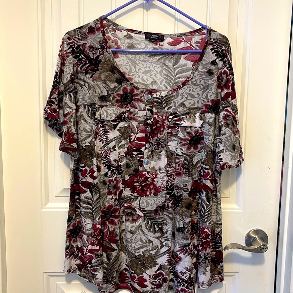 Dress blouse in rich black, grey and maroon